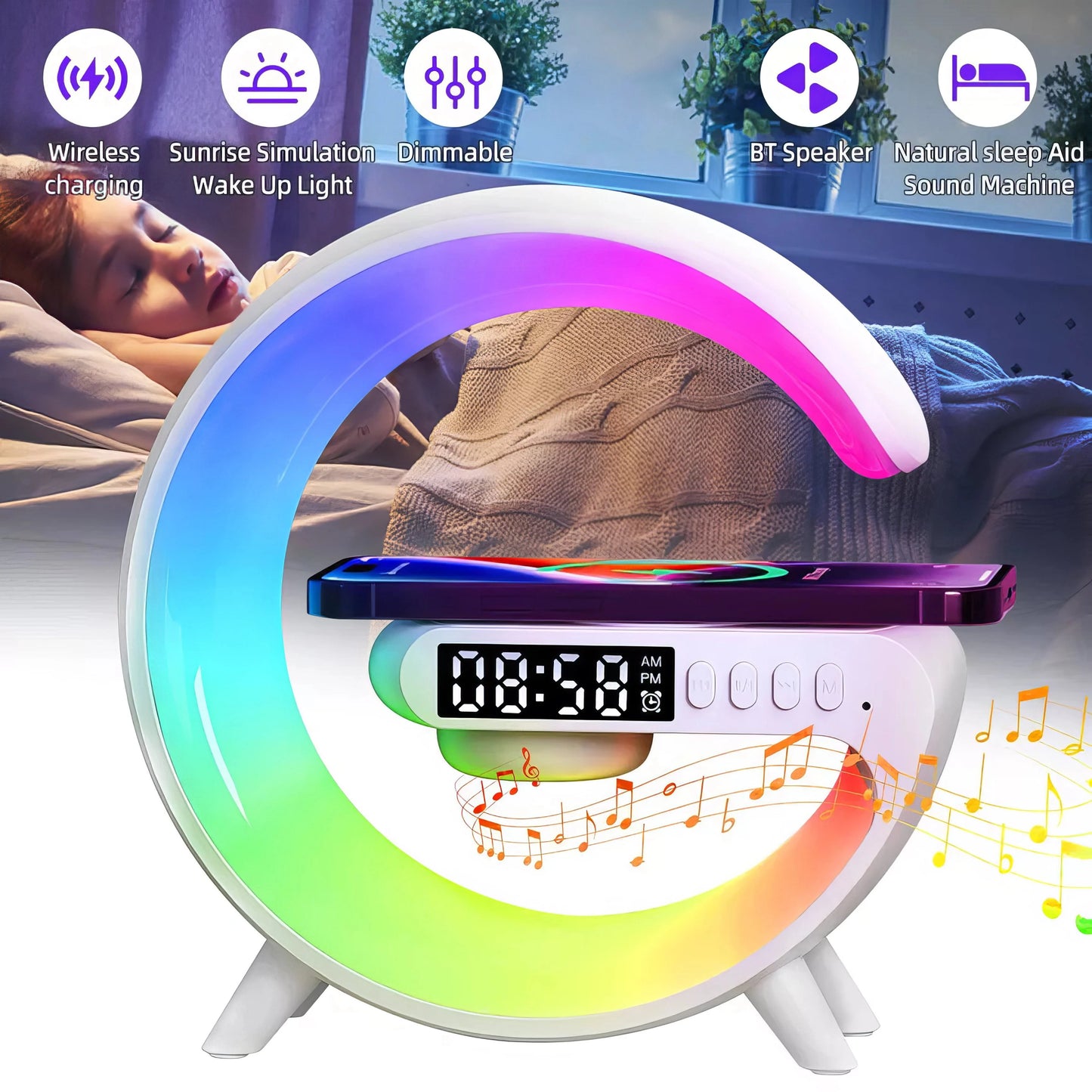 🎁New Year Sale 49% OFF🔥Multifunctional Bluetooth Speaker-Colorful Atmosphere Light Wireless Charging and Clock All-in-one Machine
